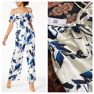 NWT Julia Jordan cold shoulder sleeveless blue floral Jumpsuit ruffle Wide Leg 4